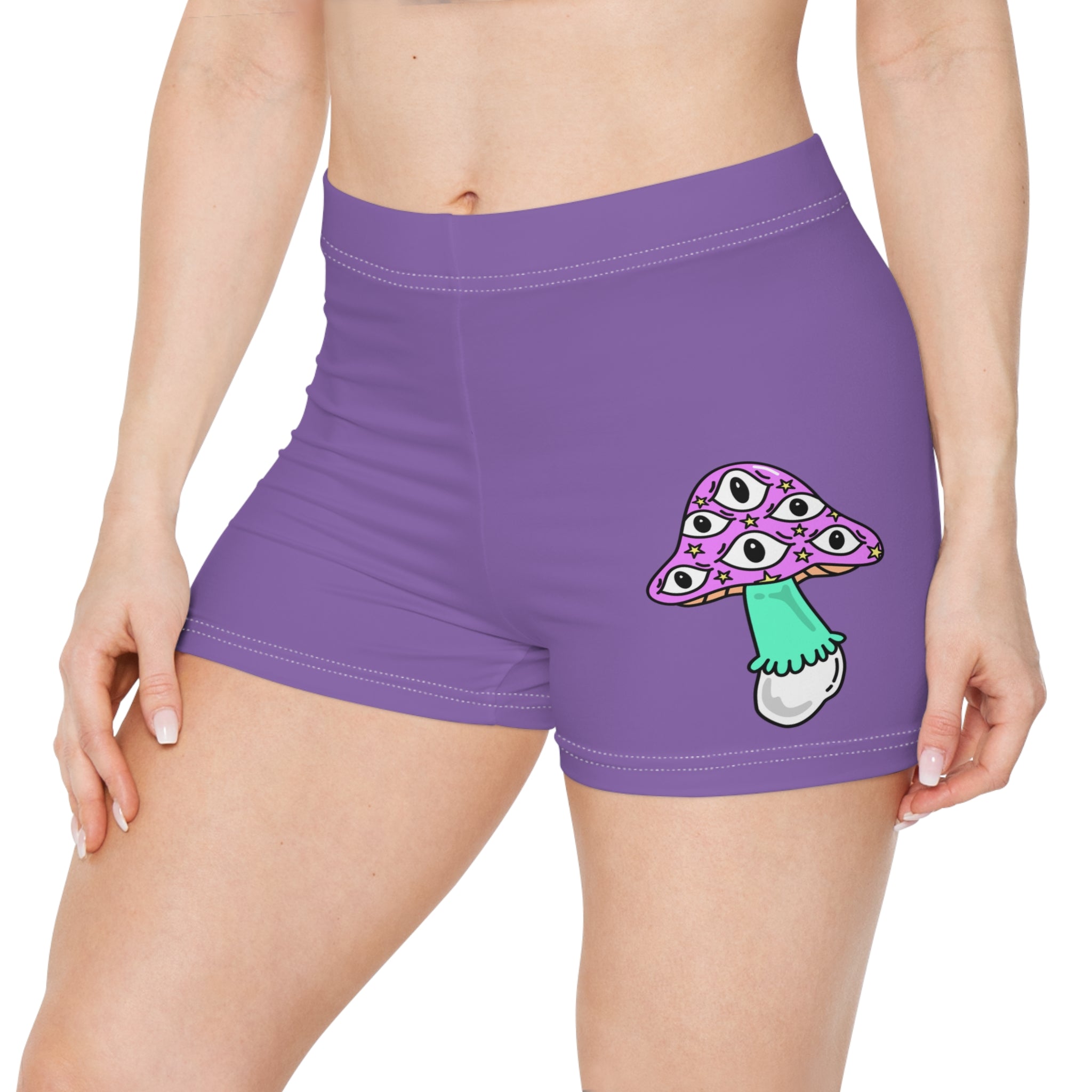 Purple Women's Shorts with Psychedelic Eye Mushroom Graphic