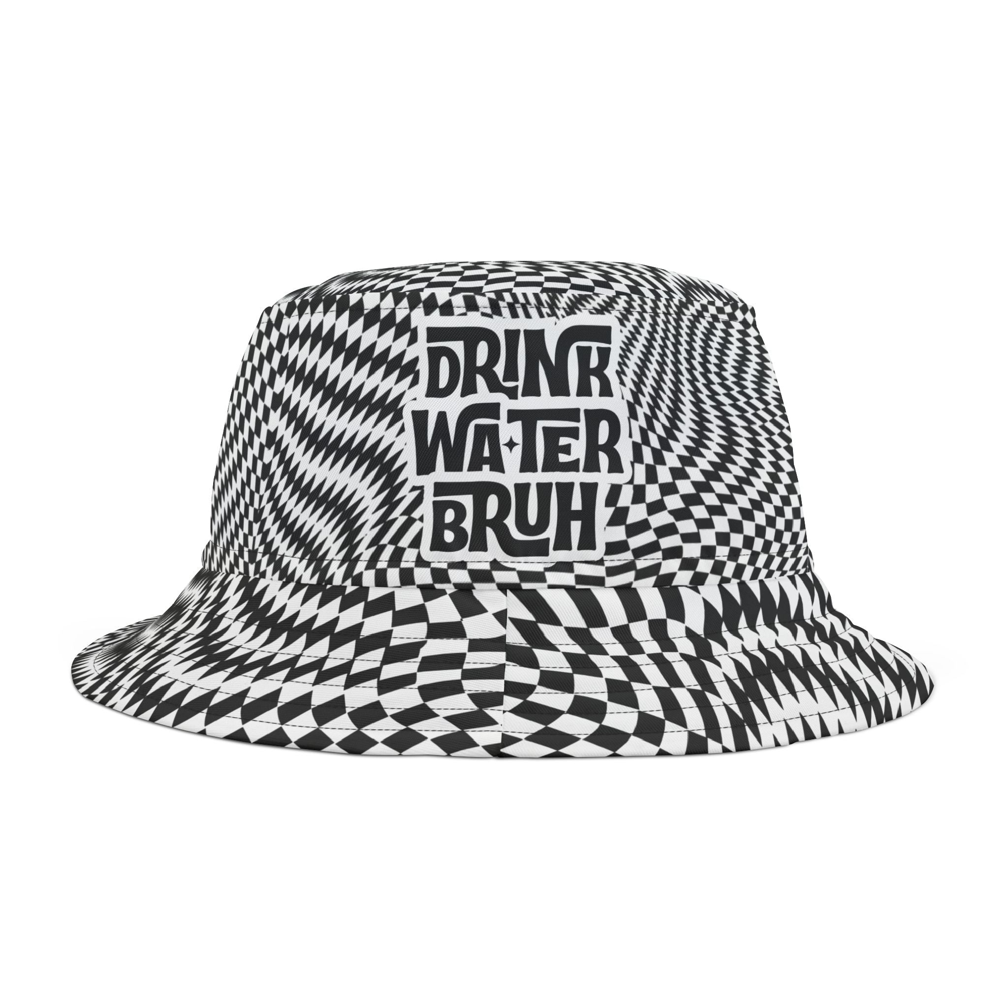 "Drink Water Bruh" — Bucket Hat — Black & White Optical Illusion Art