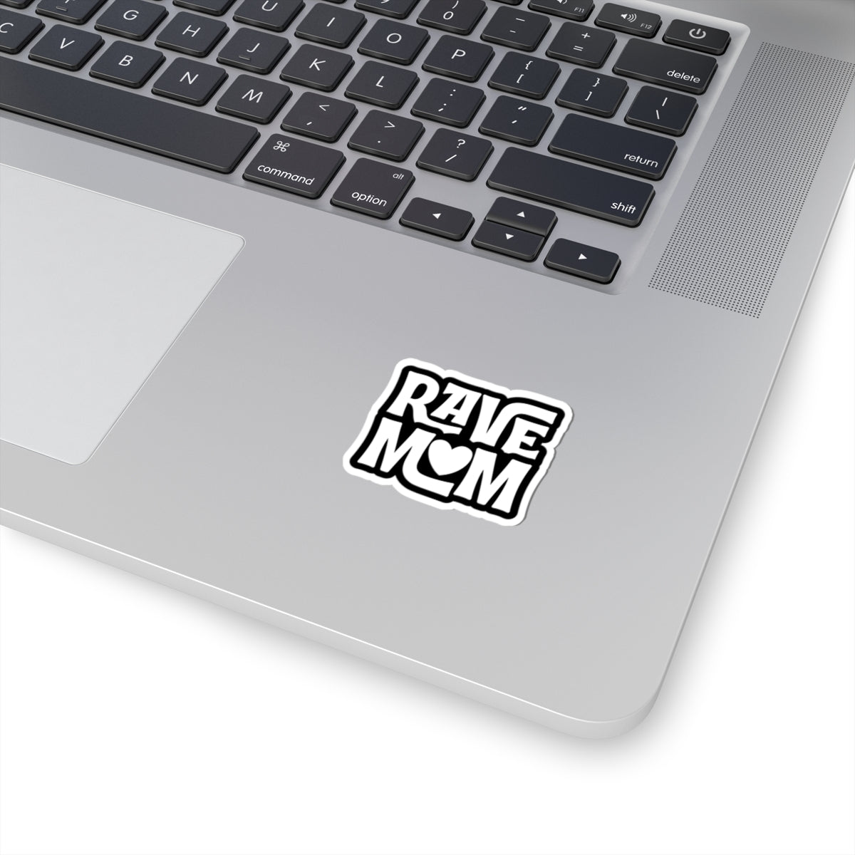Rave Mom Kiss-Cut Sticker — Black & White Heart Logo for Laptop, Water Bottle, Car
