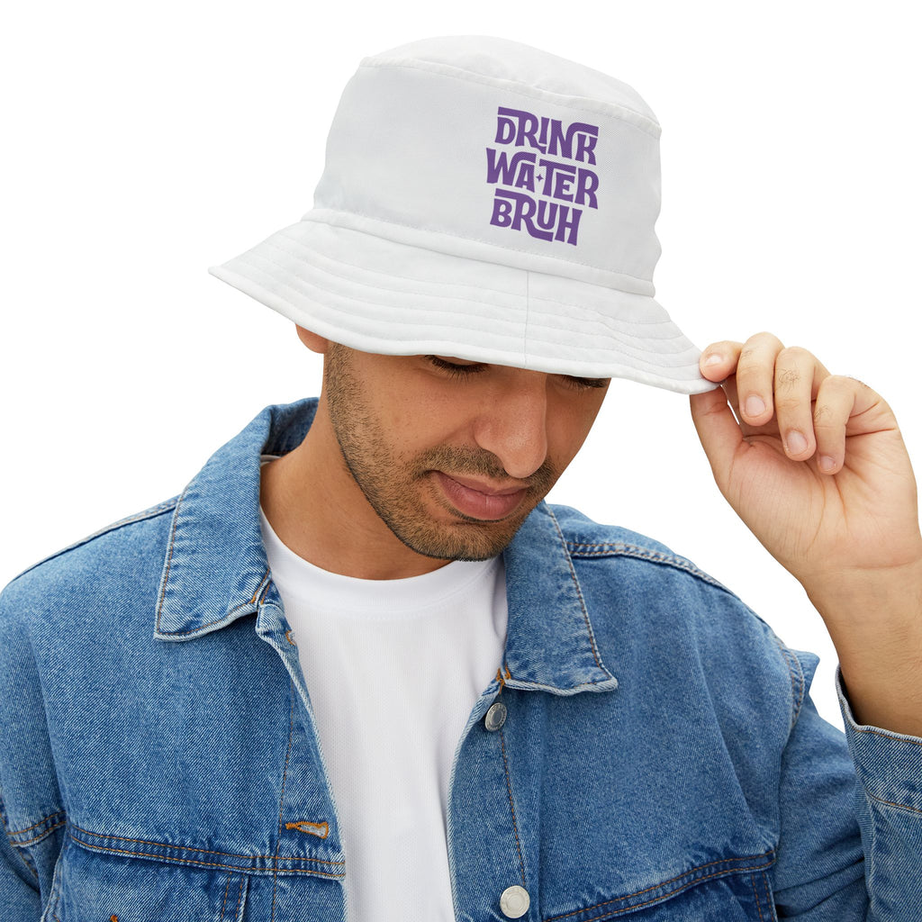 "Drink Water Bruh" — Bucket Hat — White/Purple