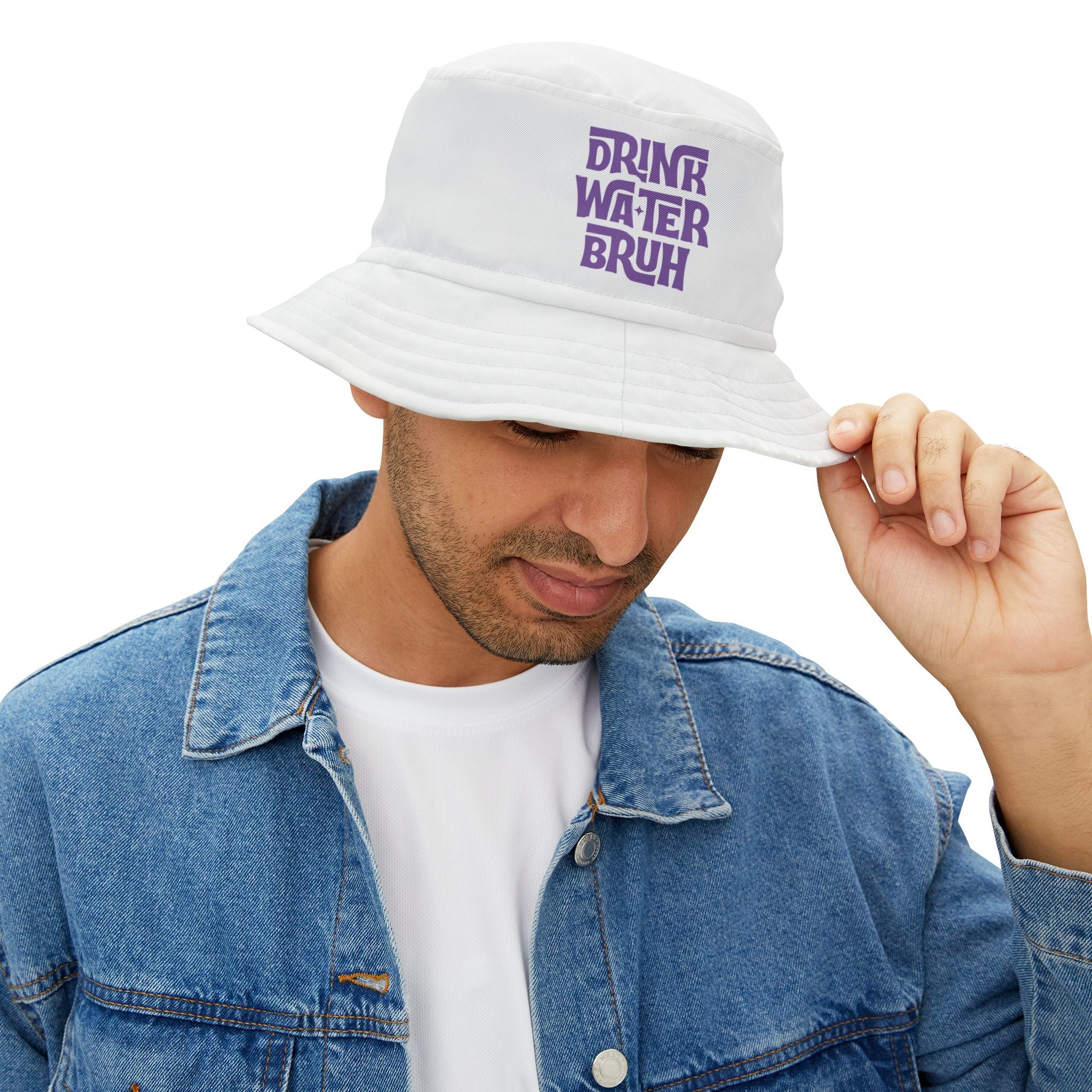 "Drink Water Bruh" — Bucket Hat — White/Purple