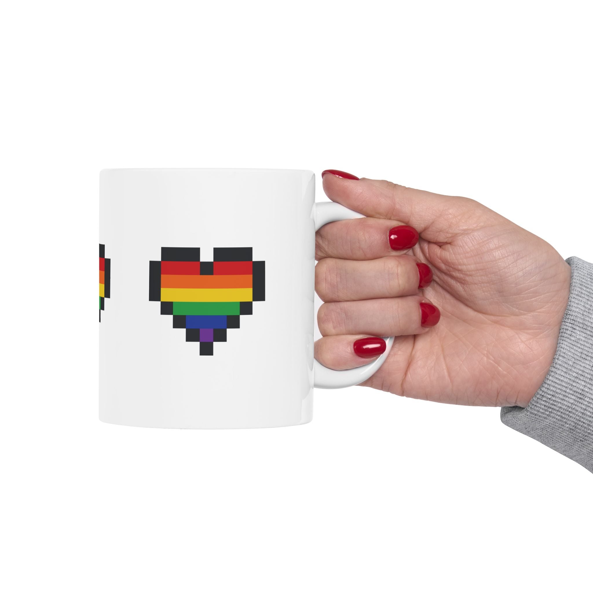 Pixel Pride Heart Mug — LGBTQ+ Flag Ceramic Coffee Cup (11oz, 15oz)