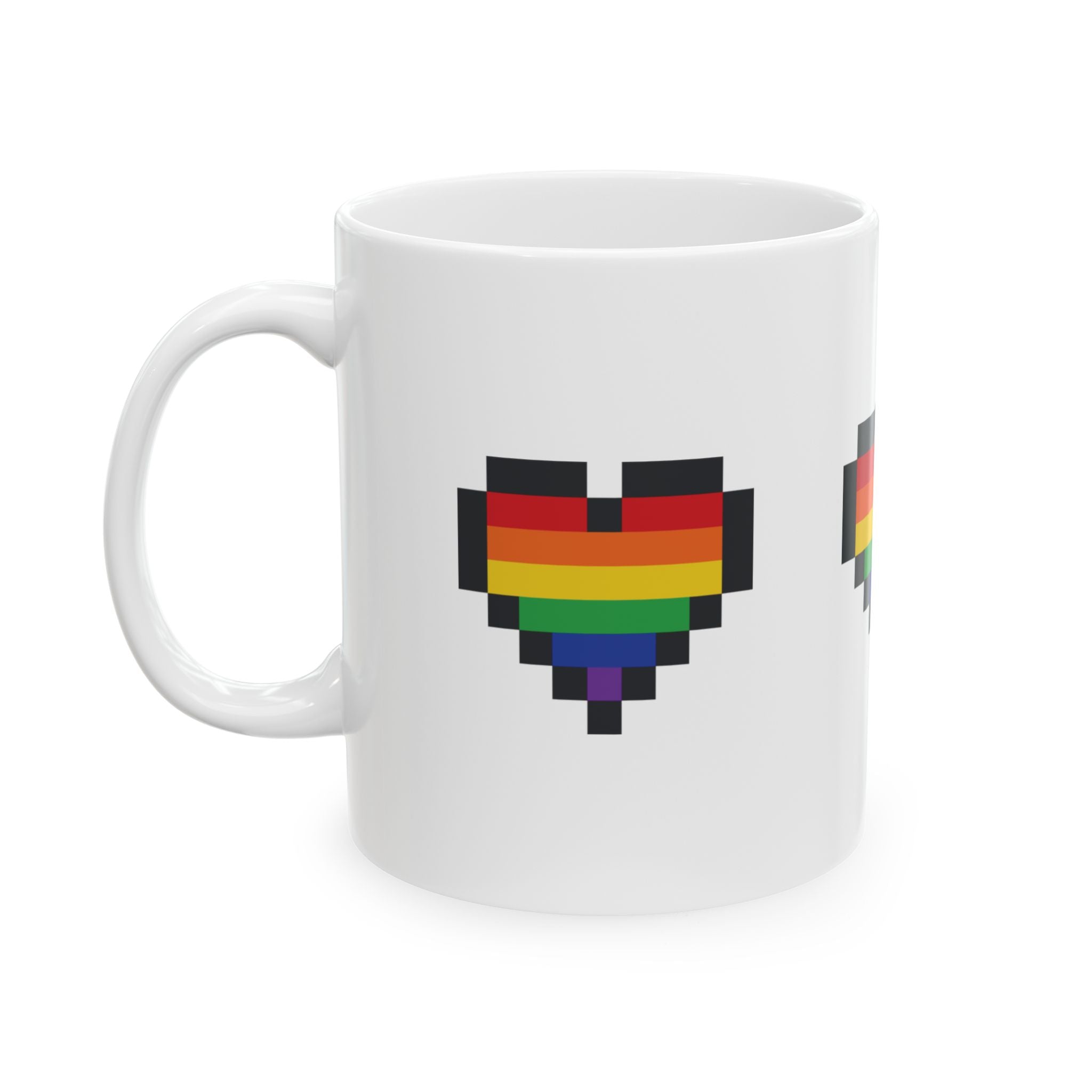 Pixel Pride Heart Mug — LGBTQ+ Flag Ceramic Coffee Cup (11oz, 15oz)