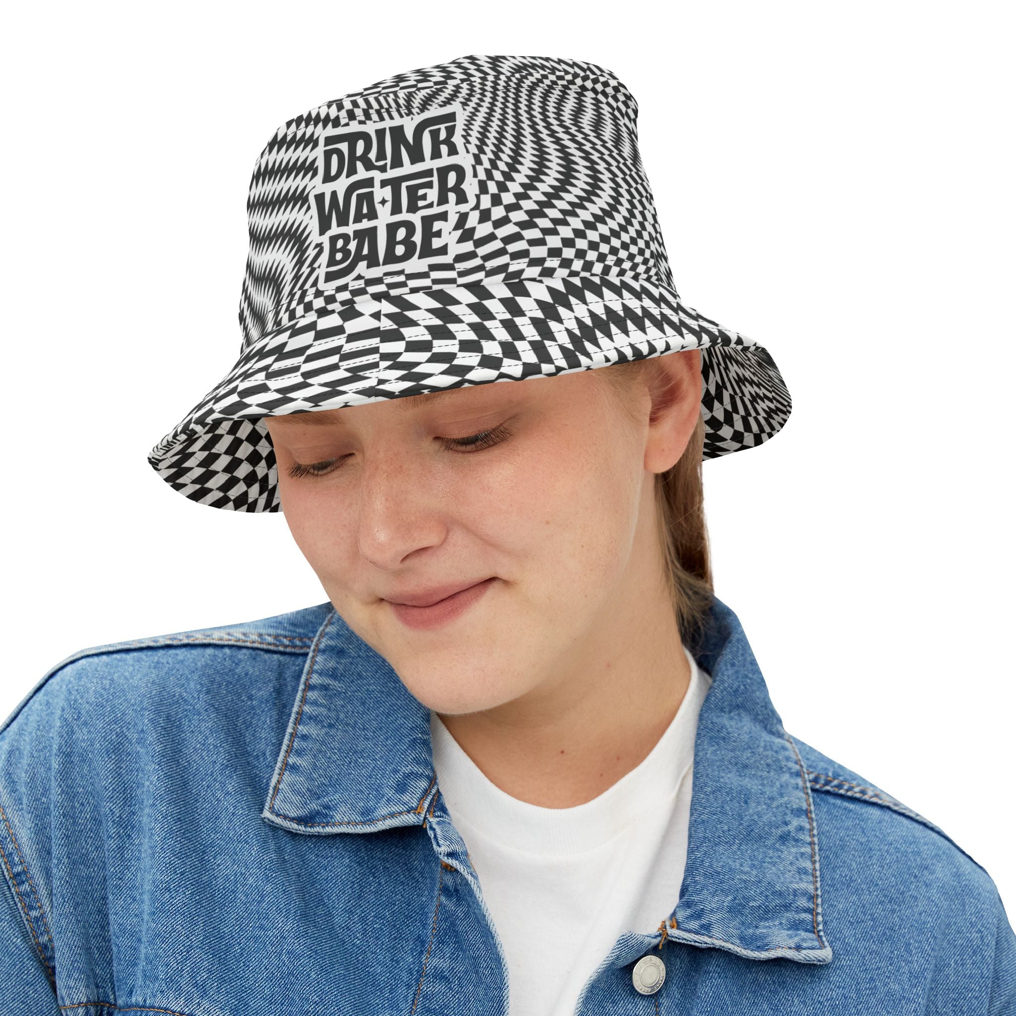 "Drink Water Babe" — Bucket Hat — Black & White Optical Trippy Pattern