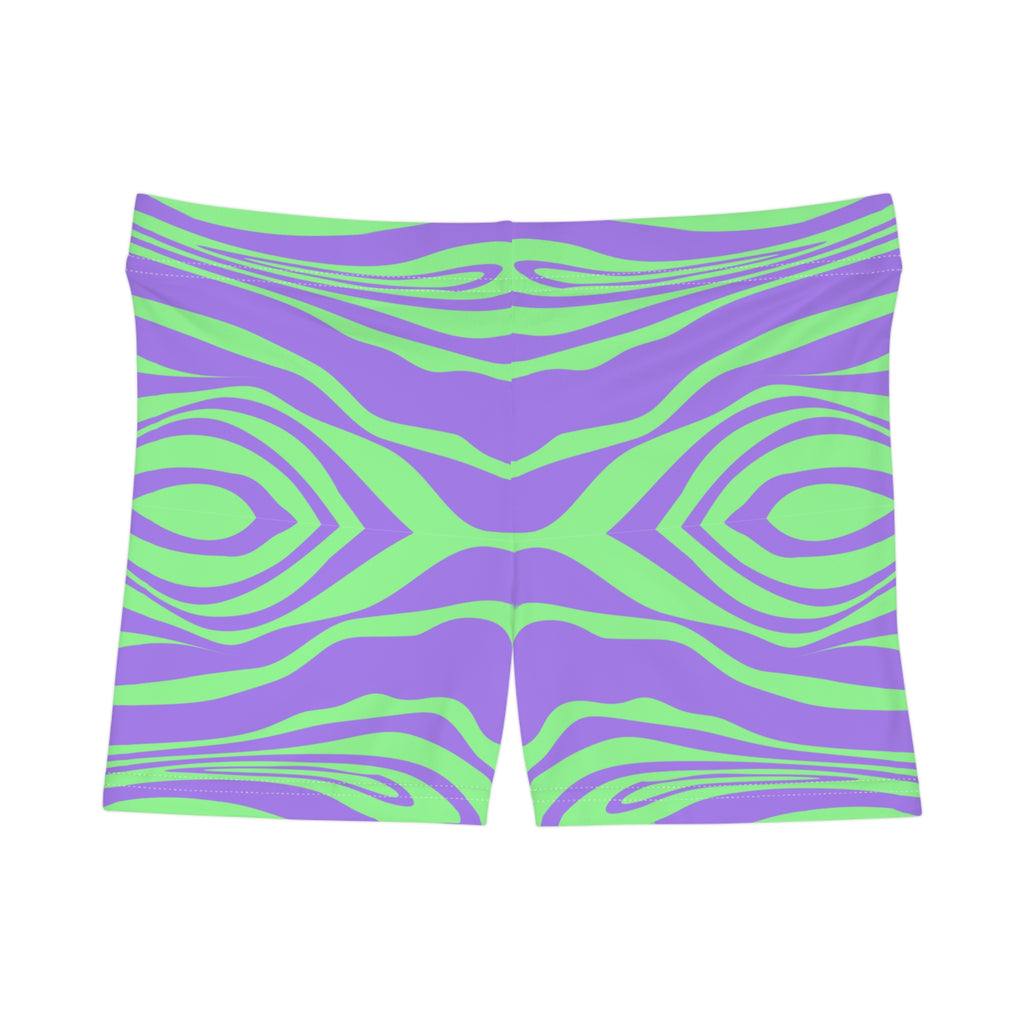 Psychedelic Swirl - Green & Purple Abstract Print Women's Shorts — AOP Activewear