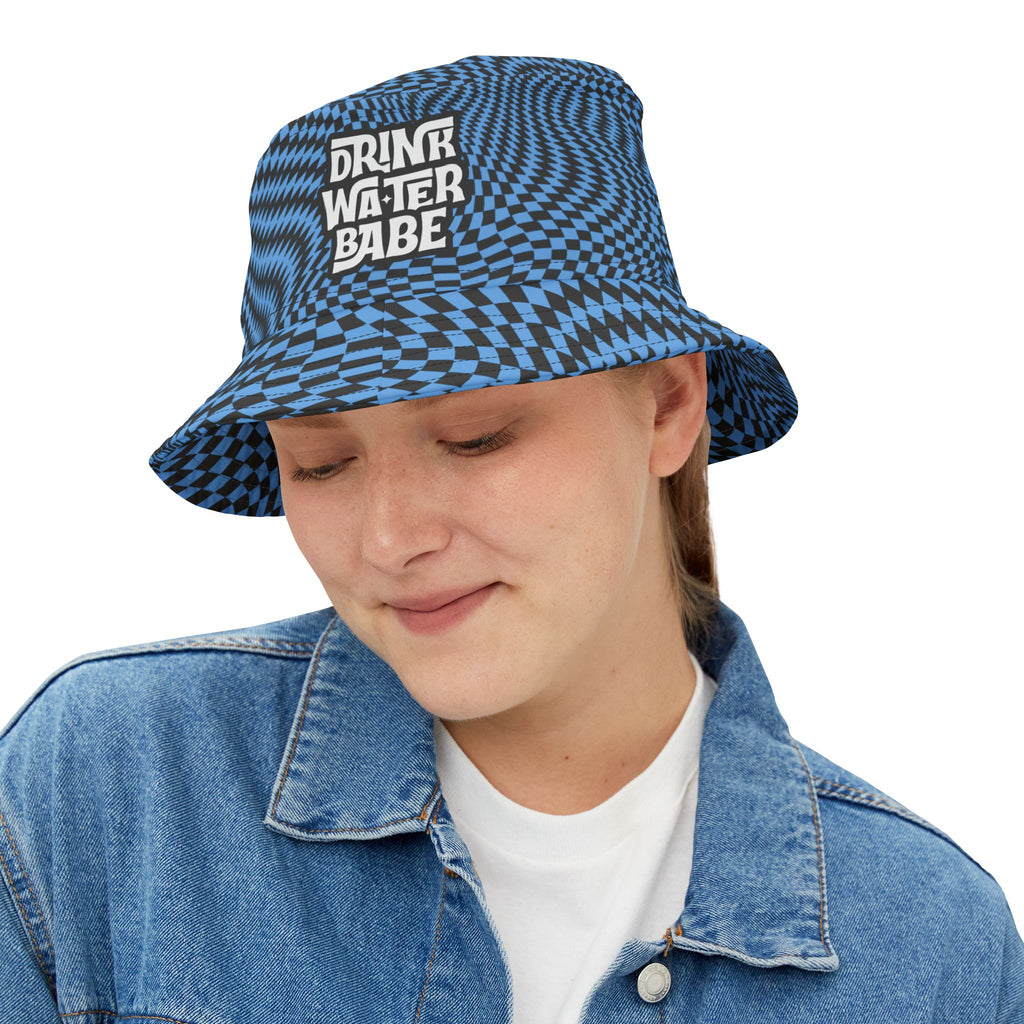 "Drink Water Babe" — Bucket Hat — Blue Optical Illusion Print