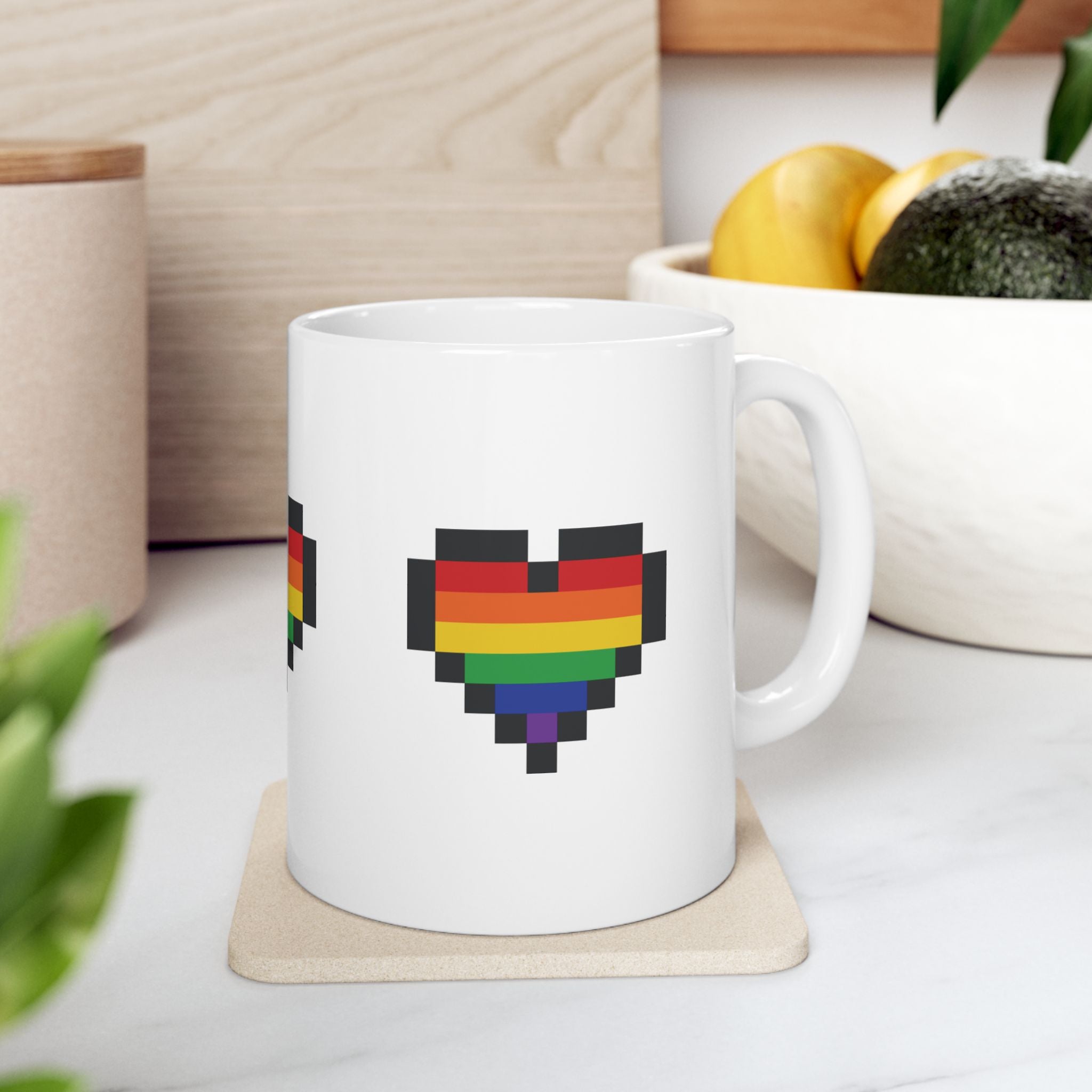 Pixel Pride Heart Mug — LGBTQ+ Flag Ceramic Coffee Cup (11oz, 15oz)