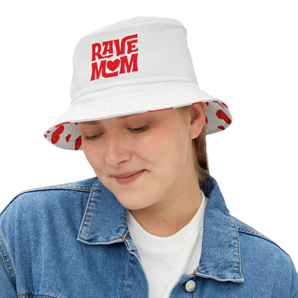 "Rave Mom" with Love — Bucket Hat — White/Red