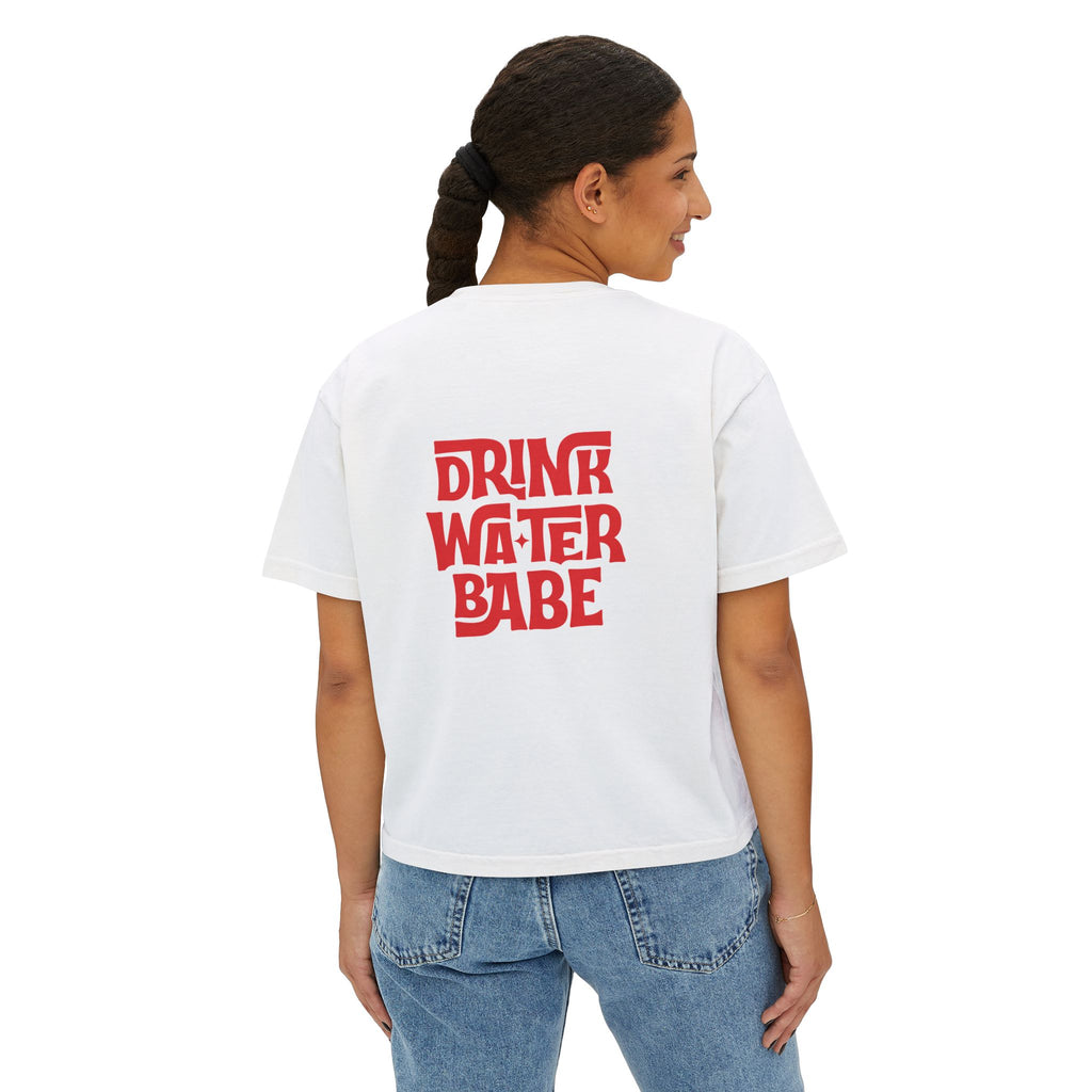 Women's Boxy Tee — "Drink Water Babe" Retro Red Graphic Tee