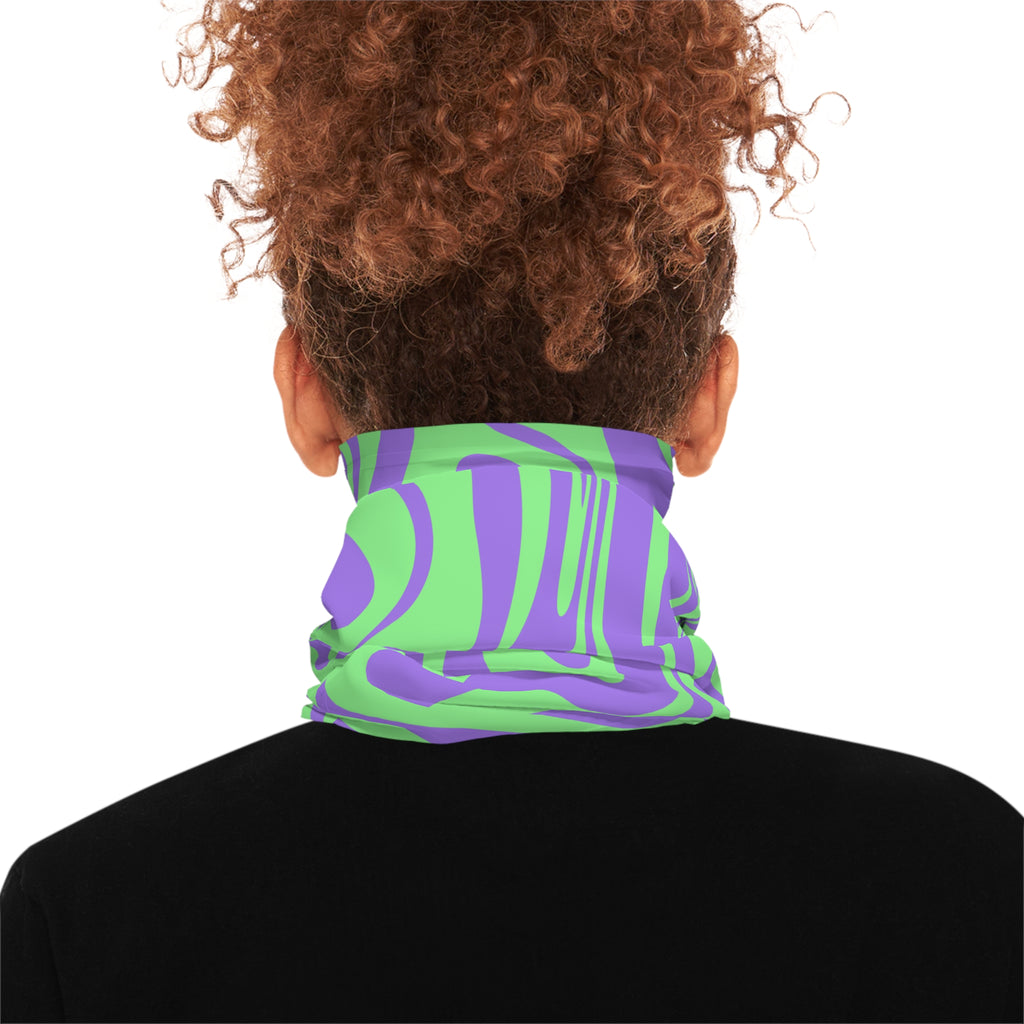 Psychedelic Swirl Neck Gaiter — Green & Purple Abstract Face Scarf