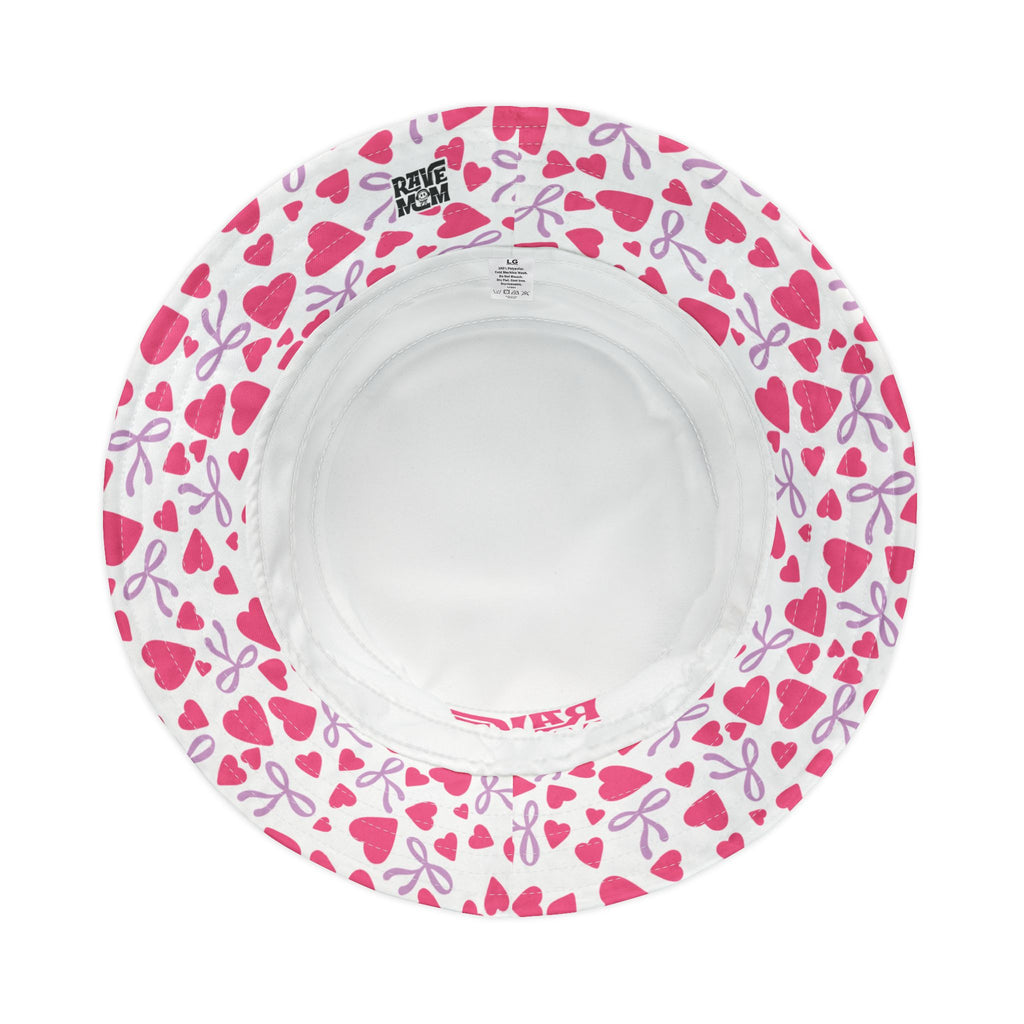 "Rave Mom" with Love — Bucket Hat — White/Pastel Pink - Bows and Hearts Under Brim