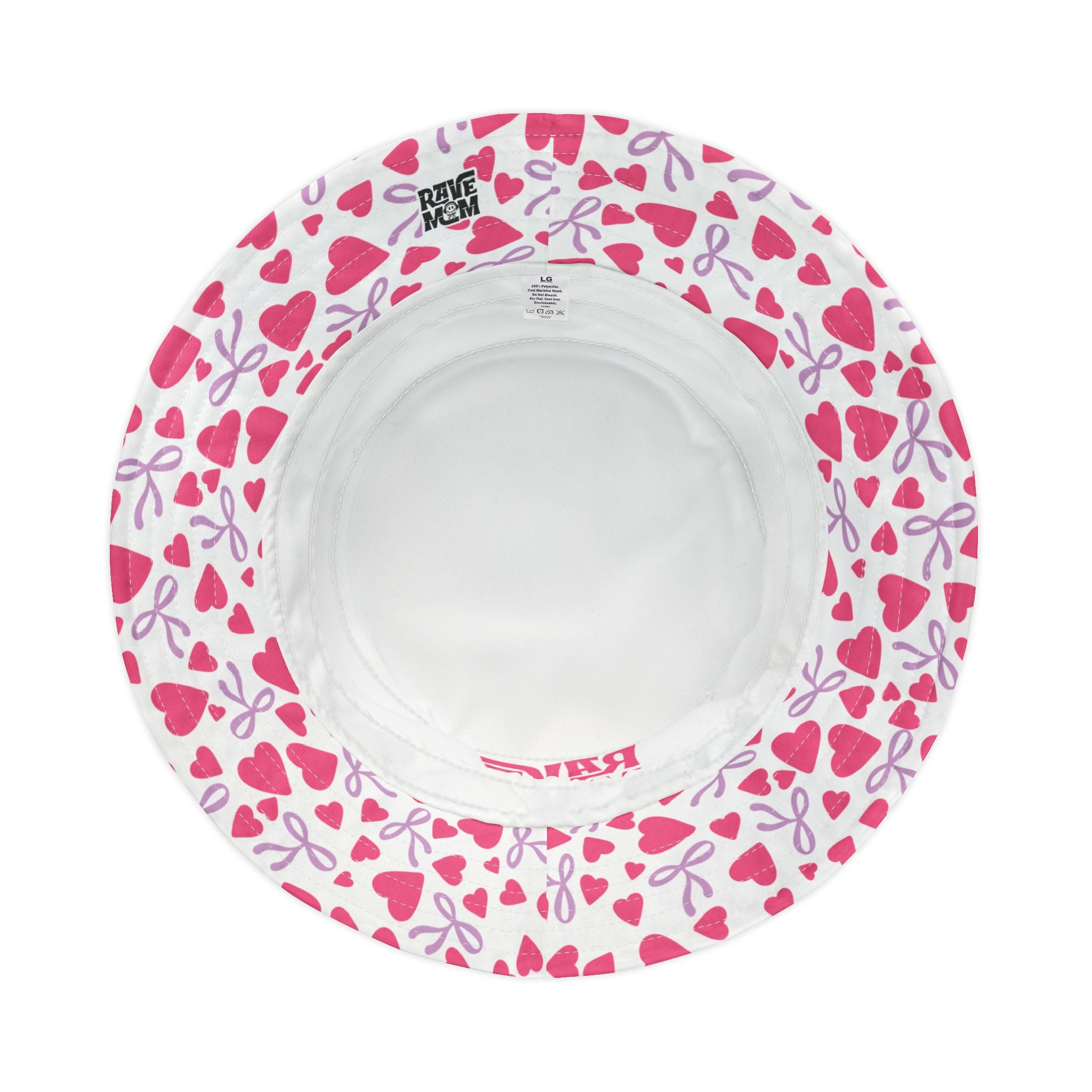 "Rave Mom" with Love — Bucket Hat — White/Pastel Pink - Bows and Hearts Under Brim