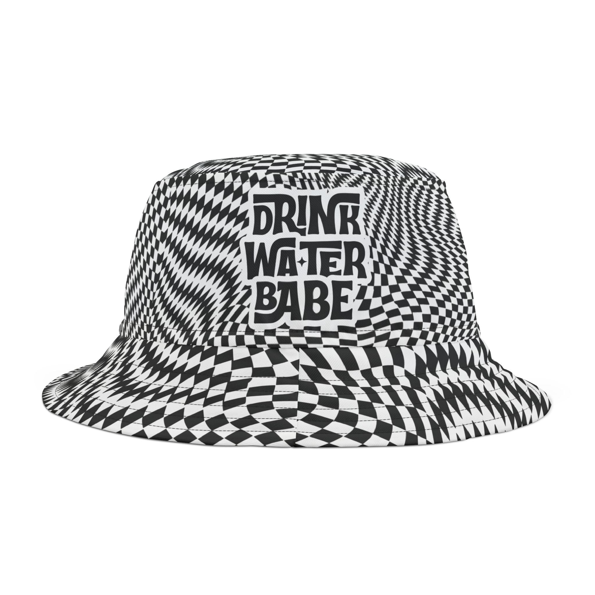 "Drink Water Babe" — Bucket Hat — Black & White Optical Trippy Pattern