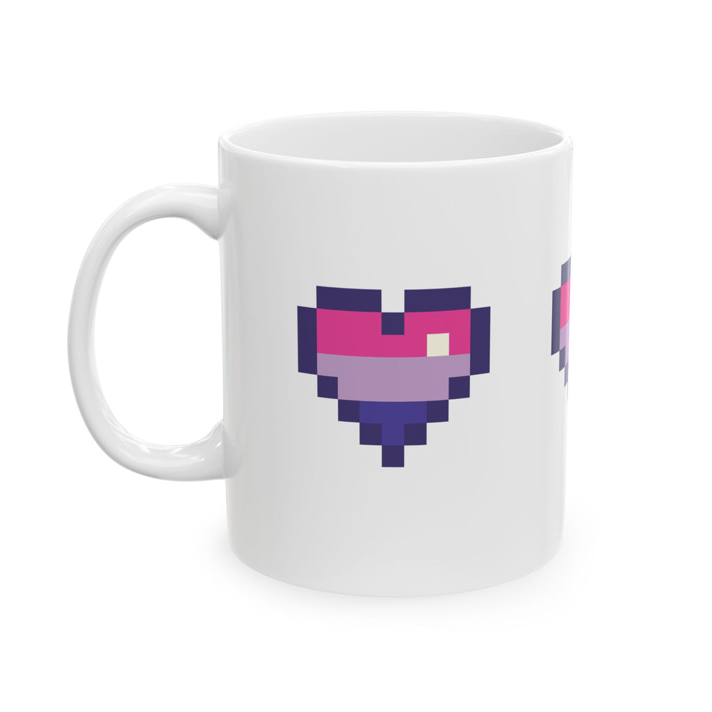 Pixel Bi Pride Heart Mug — LGBTQ+ Flag Ceramic Coffee Cup (11oz, 15oz)