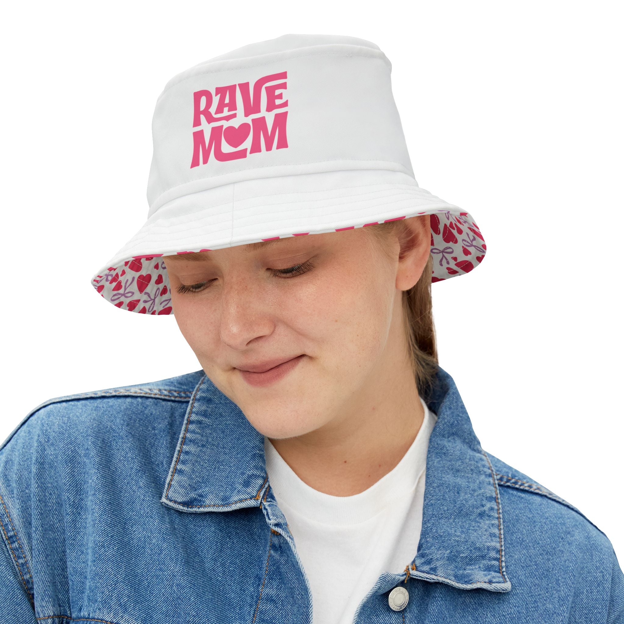 "Rave Mom" with Love — Bucket Hat — White/Pastel Pink - Bows and Hearts Under Brim
