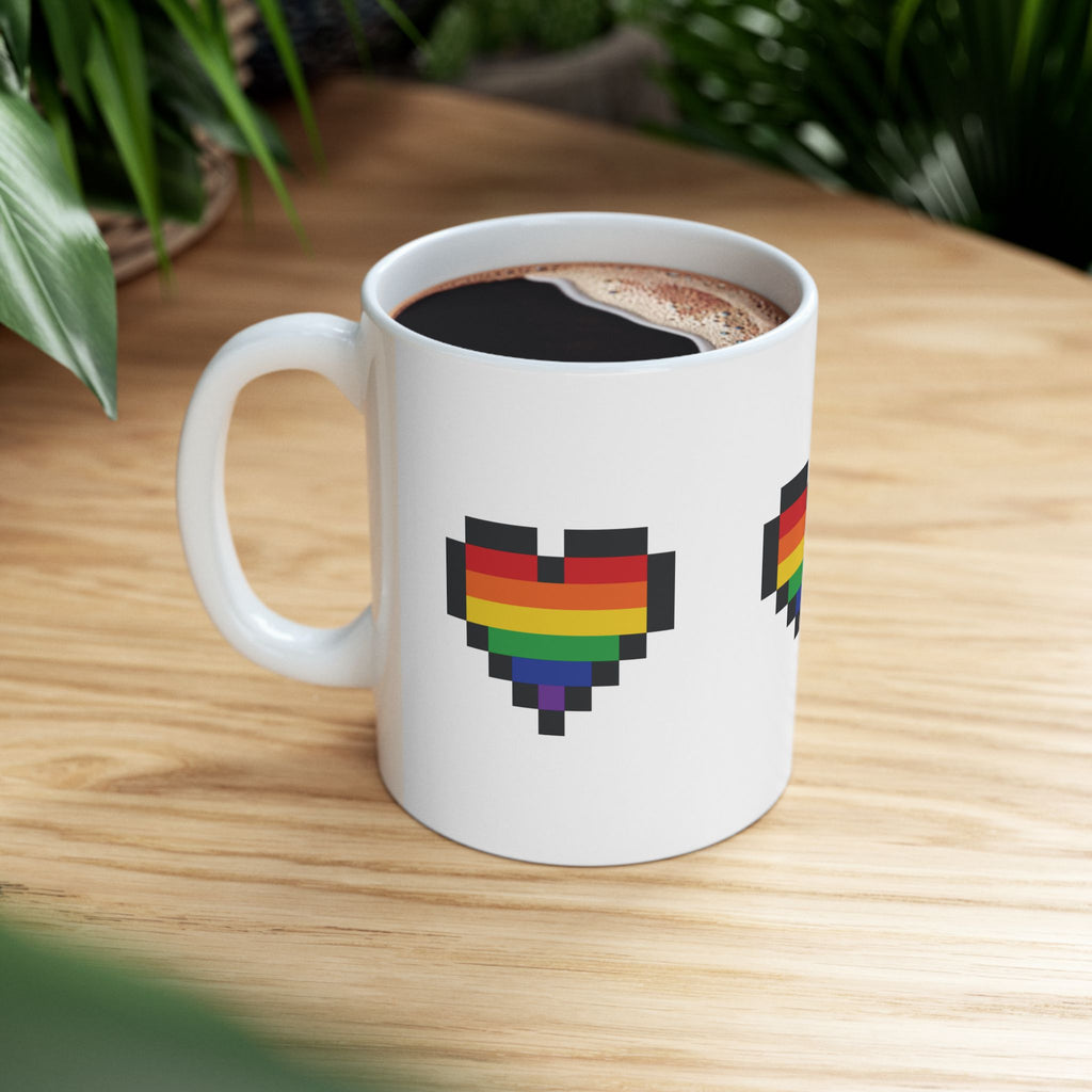 Pixel Pride Heart Mug — LGBTQ+ Flag Ceramic Coffee Cup (11oz, 15oz)