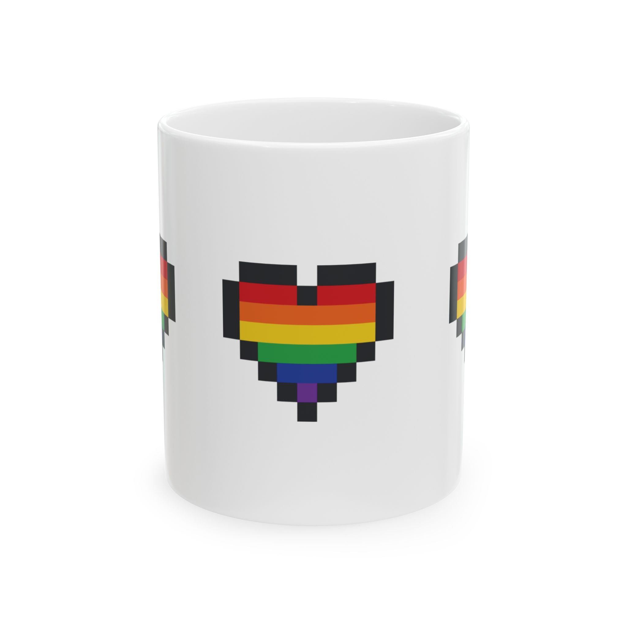 Pixel Pride Heart Mug — LGBTQ+ Flag Ceramic Coffee Cup (11oz, 15oz)