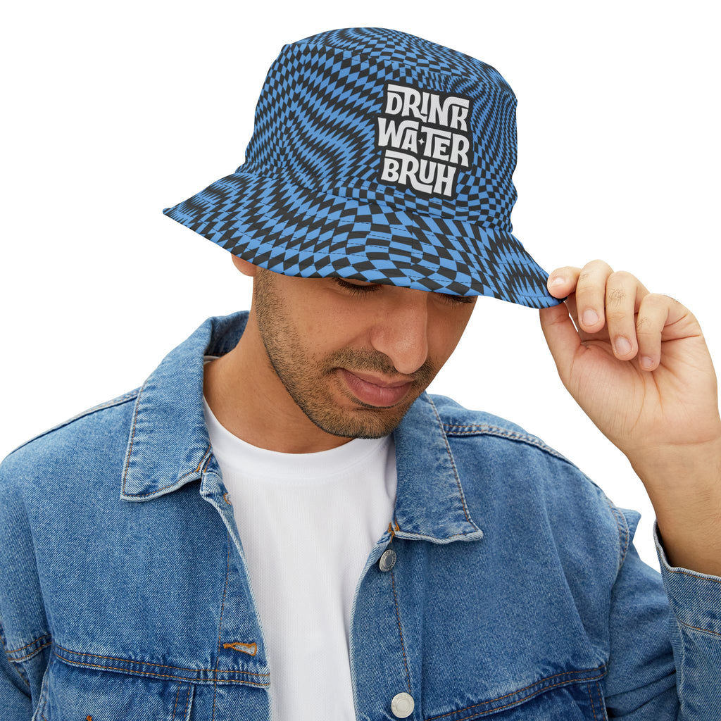 "Drink Water Bruh" — Bucket Hat — Blue Optical Illusion Print