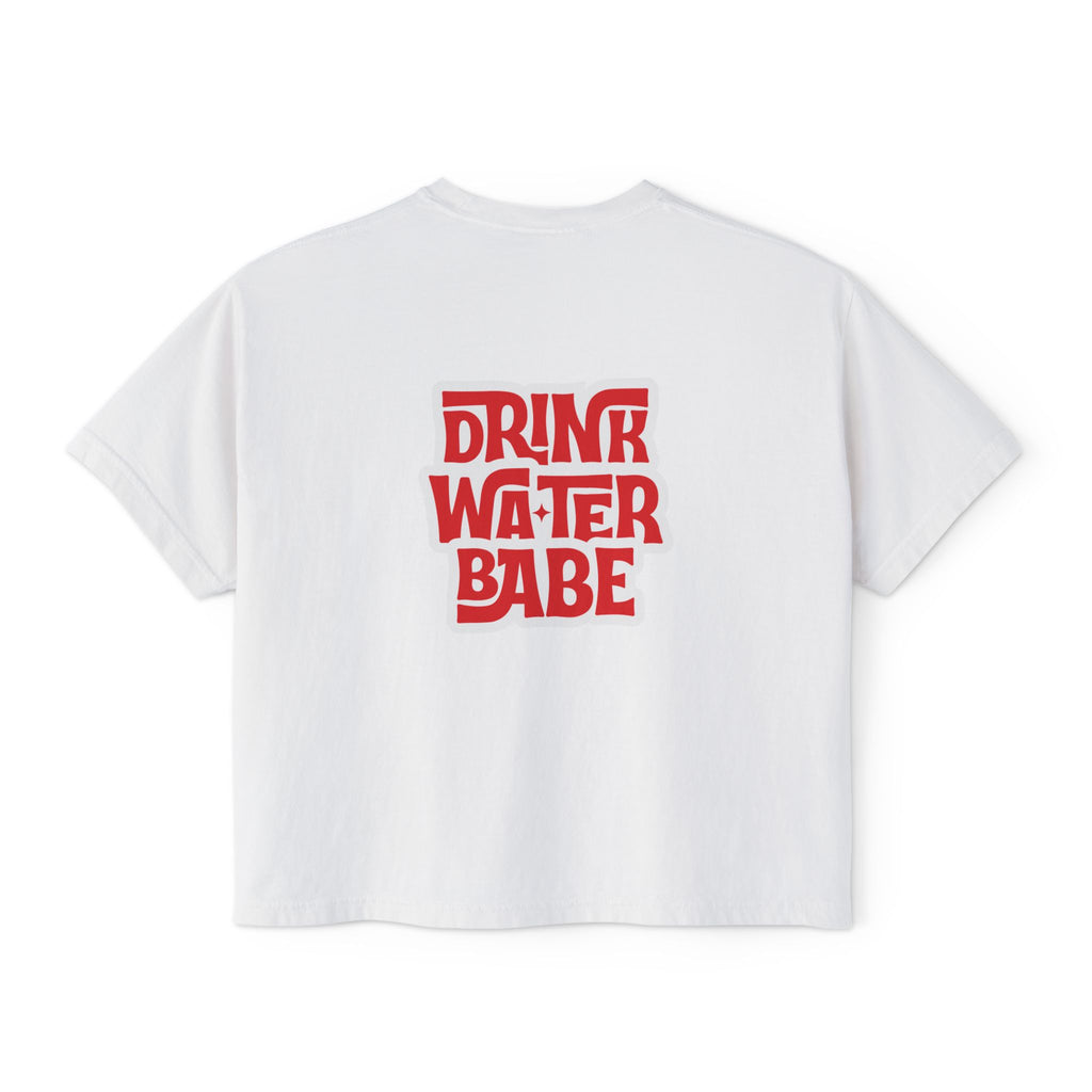 Women's Boxy Tee — "Drink Water Babe" Retro Red Graphic Tee