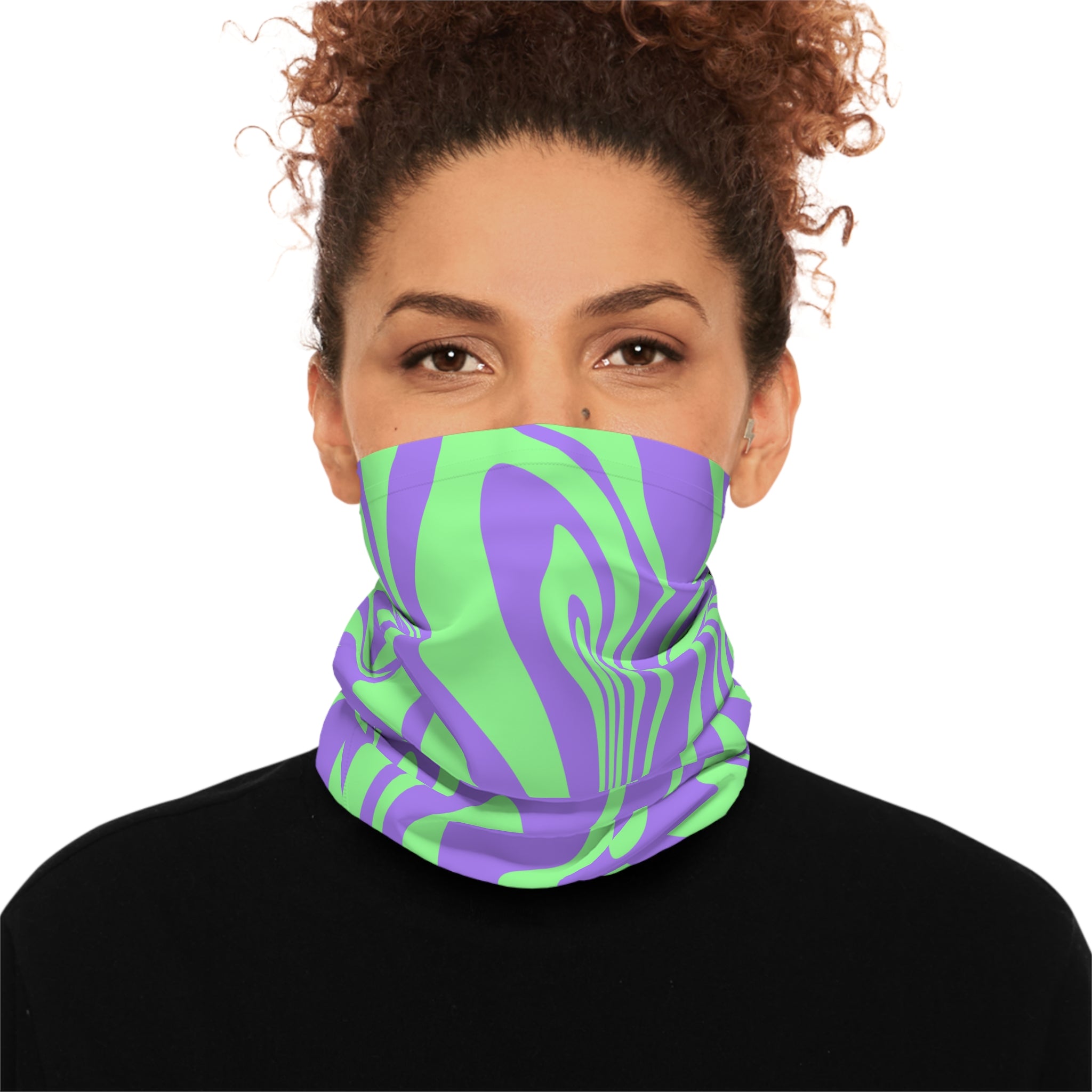 Psychedelic Swirl Neck Gaiter — Green & Purple Abstract Face Scarf