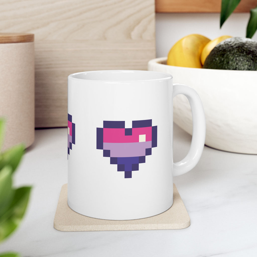 Pixel Bi Pride Heart Mug — LGBTQ+ Flag Ceramic Coffee Cup (11oz, 15oz)