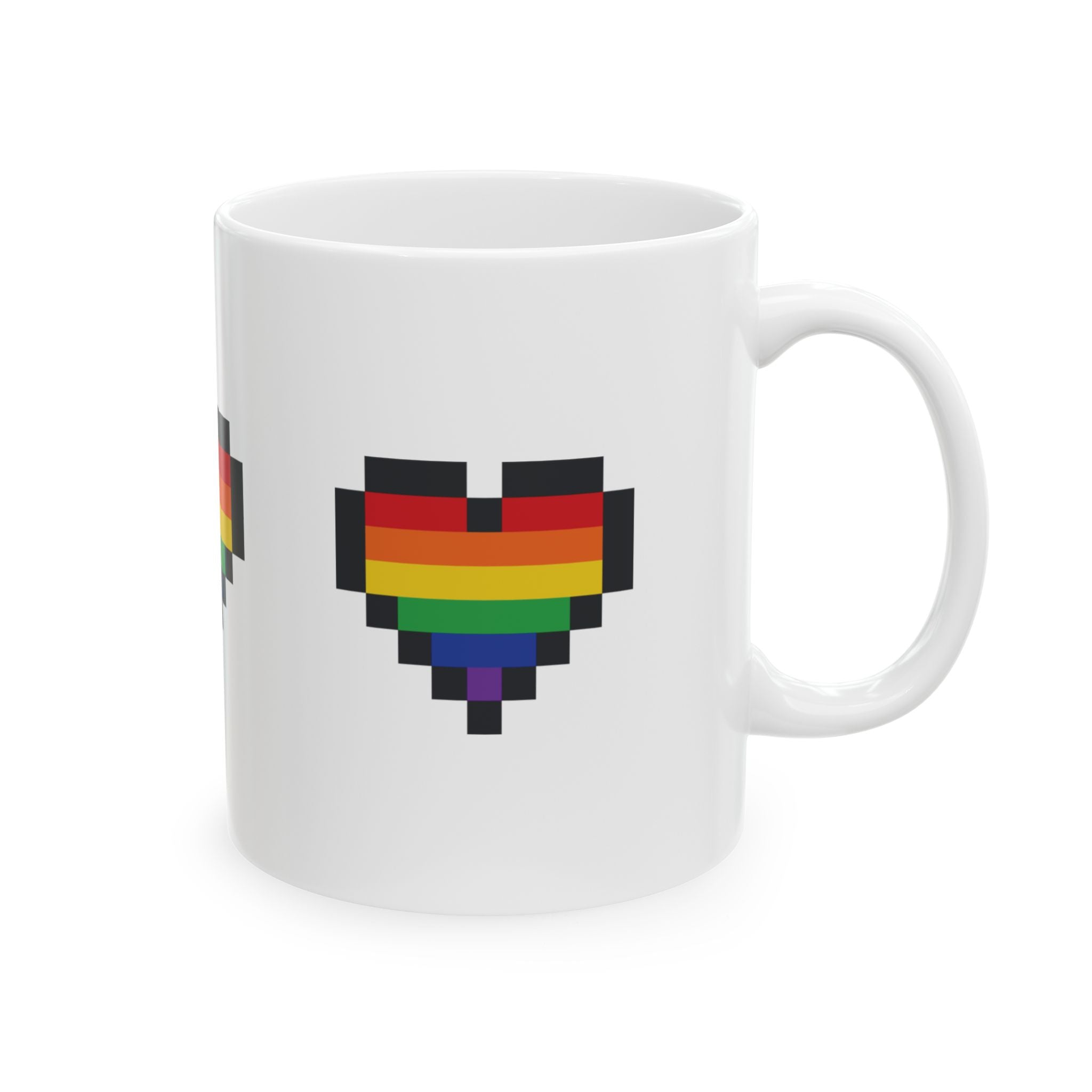 Pixel Pride Heart Mug — LGBTQ+ Flag Ceramic Coffee Cup (11oz, 15oz)